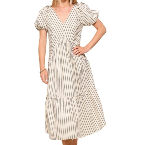 Lumiere Women’s Midi Dress Large Cream Striped 100% Cotton Cottagecore Prairie - Picture 3 of 12